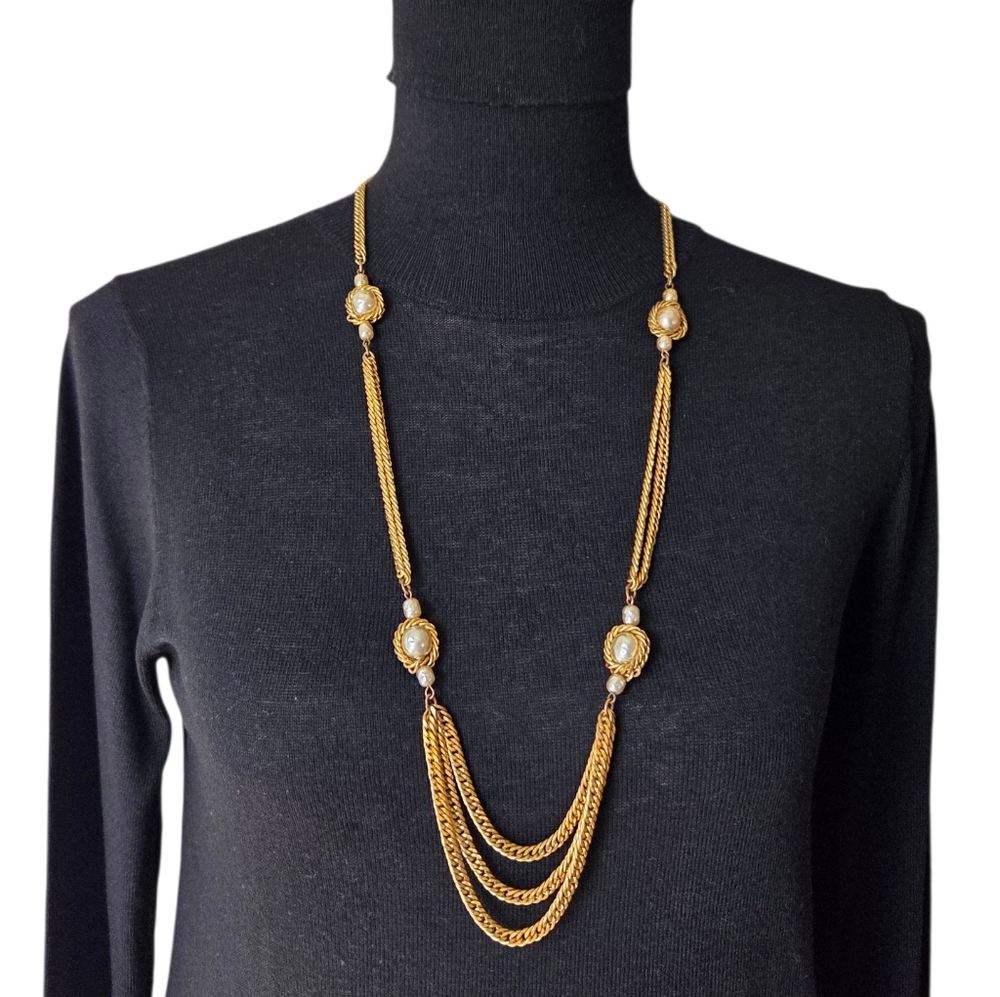 Miriam Haskell Vintage Pearl Festoon Swag Necklace Gold Tone 1970s